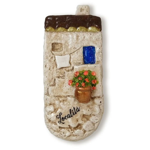 Calamita artigianale realizzata in polvere di ceramica atossica e dipinta a mano con colori acrilici.  Personalizzata con il nome della tua località.  Sul retro ha un potente magnete al neodimio e la dicitura 